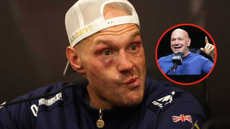 Center: Tyson Fury at the post-fight press conference after his loss to Oleksandr Usyk Insert: Dana White at the UFC pre-fight press conference