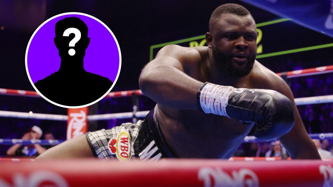 Martin Bakole struggles to get up after being knocked down by Joseph Parker with inset of mystery silhouette