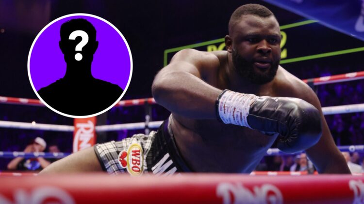 Martin Bakole struggles to get up after being knocked down by Joseph Parker with inset of mystery silhouette