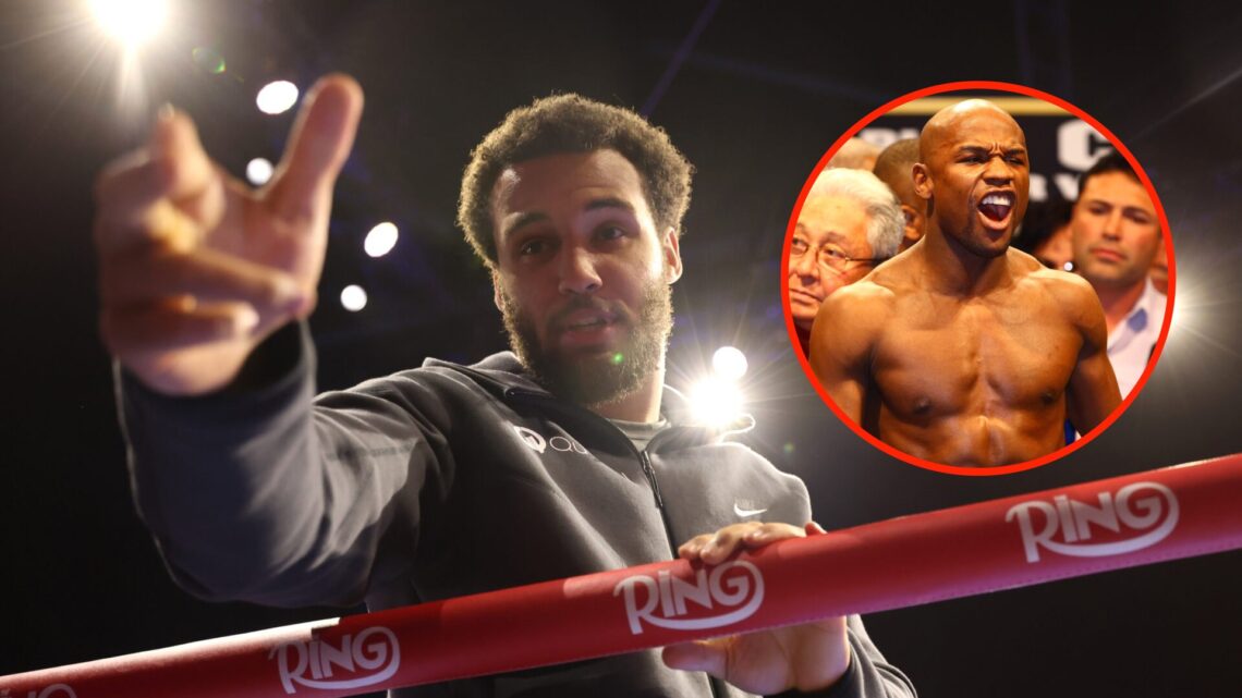 Center: Moses Itauma during the media workouts ahead of his fight with Demsey McKean in December, 2024. Insert: Floyd Mayweather at the weigh-ins f...