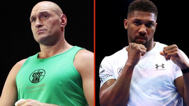 Left: Tyson Fury during an open workout for his fight with Oleksandr Usyk. Right: Anthony Joshua during an openwork session for his fight with Dani...