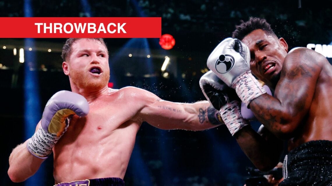 Image of Canelo Alvarez landing a partially blocked left hook on Jermell Charlo with throwback label
