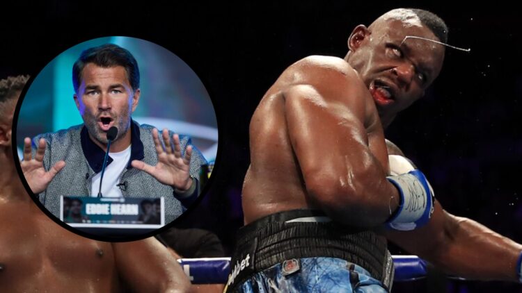 Dillian Whyte recoils from a punch during his fight with Derek Chisora with inset of Eddie Hearn speaking at Jaron Ennis' press conference