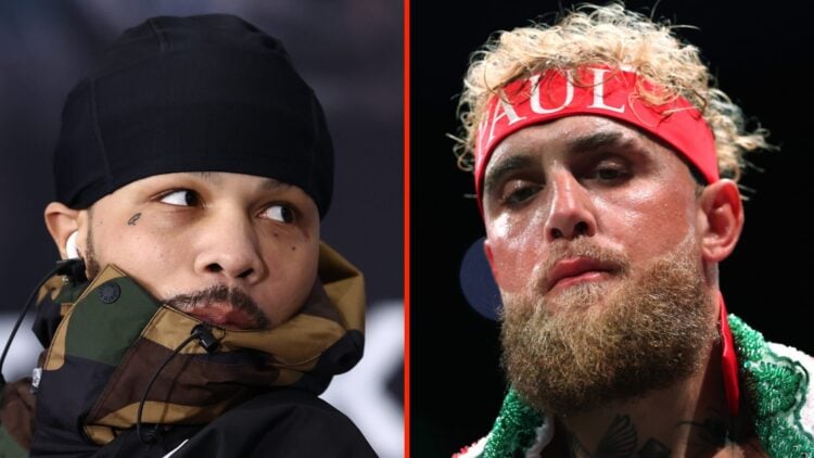 Left: Gervonta Davis attends a pre-fight press conference ahead of his fight with Lamont Roach in December, 2024. Right: Jake Paul in the ring ahea...