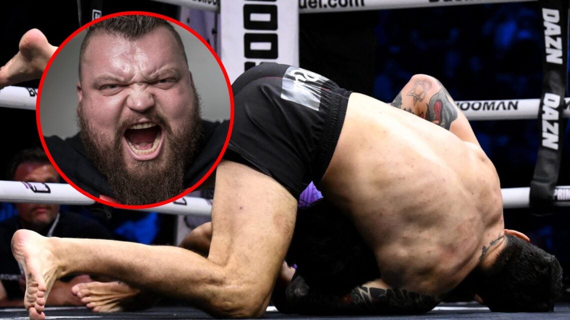 Dillon Danis submits Warren Spencer with inset of Eddie Hall shouting