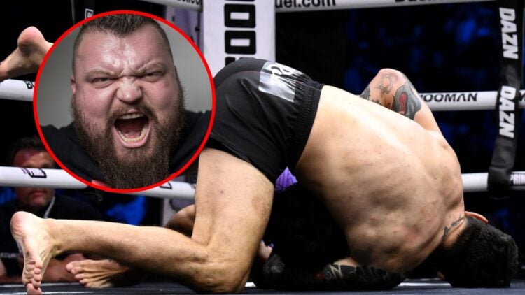 Dillon Danis submits Warren Spencer with inset of Eddie Hall shouting