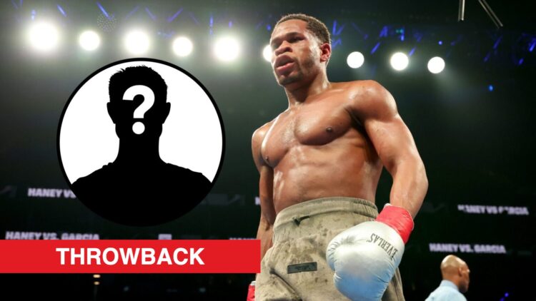 Devin Haney in the ring looking dejected with inset of mystery silhouette