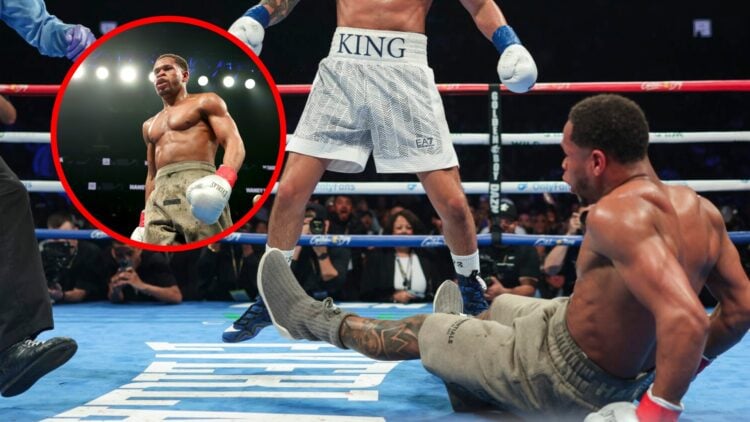 Devin Haney knocked down by Ryan Garcia with inset of Haney in the ring
