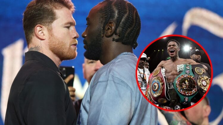 Canelo and Terence Crawford face off with inset of Devin Haney holding his belts