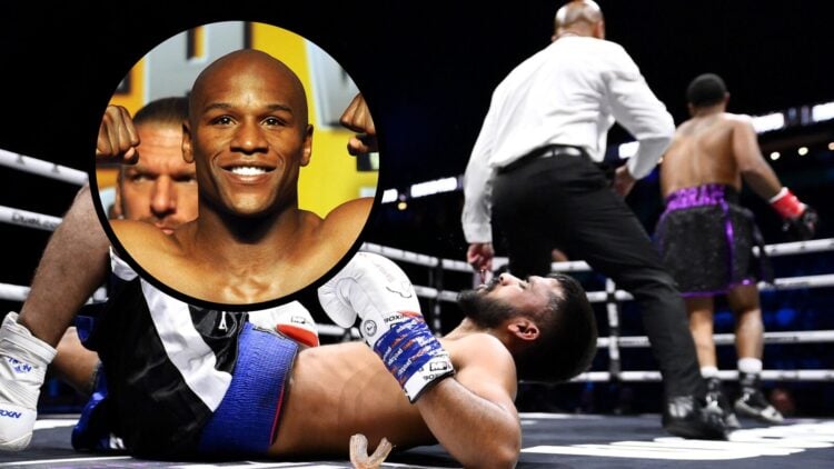 J'Hon Ingram walks away after KOing Banty Singh with inset of Floyd Mayweather smiling at weigh-in
