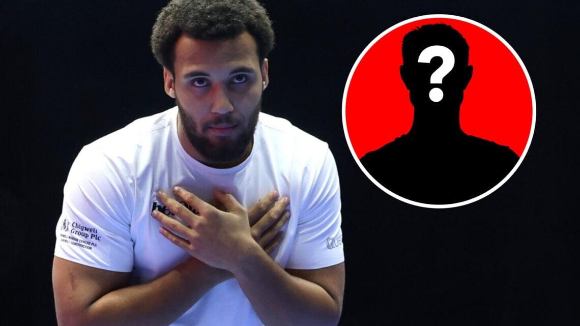 Moses Itauma during media workouts with inset of mystery silhouette