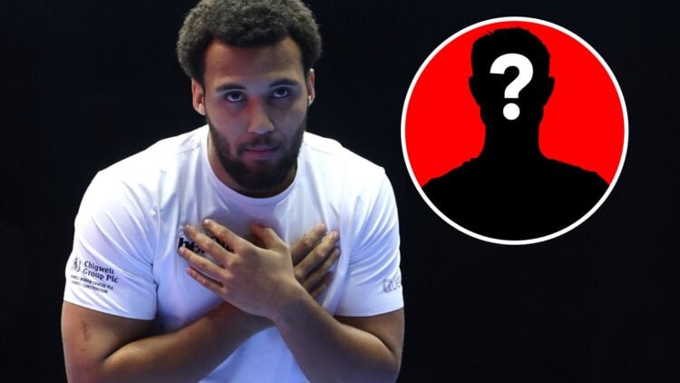 Moses Itauma during media workouts with inset of mystery silhouette