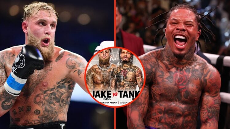 Left: Jake Paul in the ring during his fight with Mike Perry in 2024. Insert: Netflix posted featuring Jake Paul and Gervonta Davis. Right: Gervont...