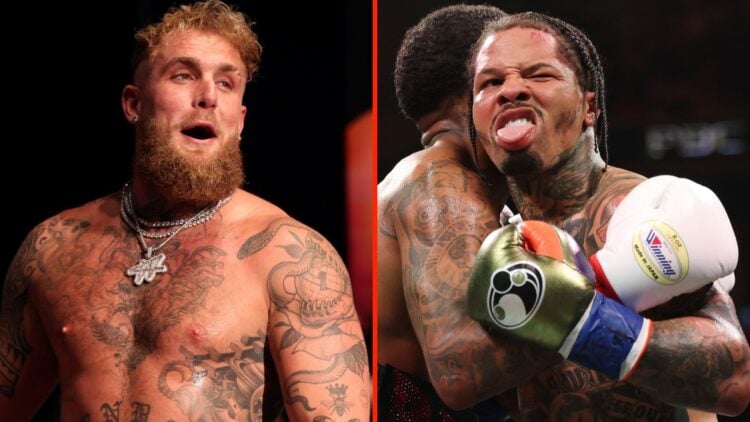 Left: Jake Paul on stage ahead of his fight with Mike Tyson in December, 2024. Right: Gervonta Davis in the ring during his lightweight title fight...