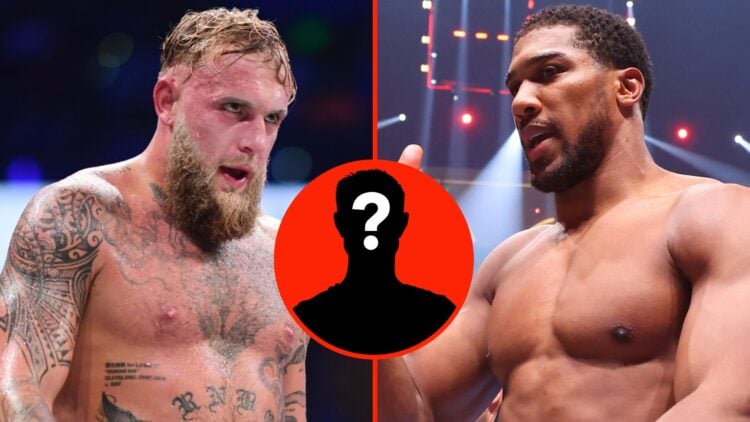Left: Jake Paul in the ring during his fight with Mike Perry Center: Mystery Fighter Right: Anthony Joshua in the ring after his fight with Francis...