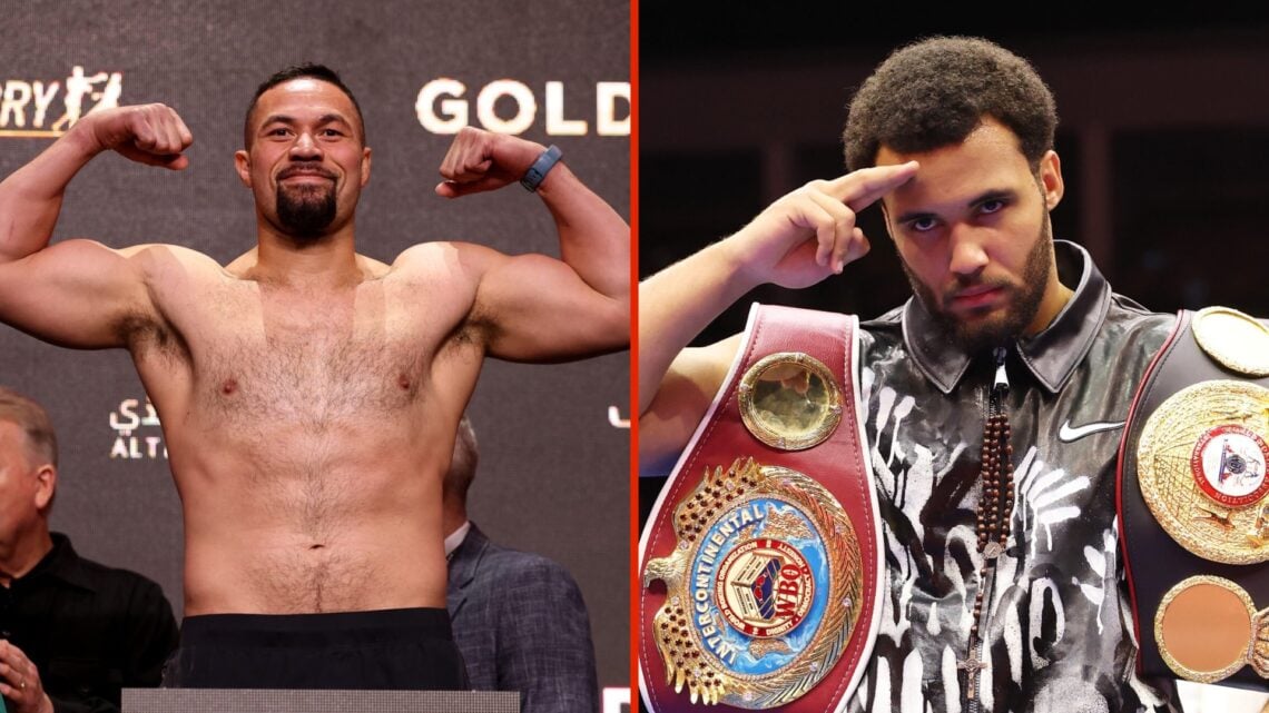 Split image of Joseph Parker at weigh-in and Moses Itauma celebrating with belts