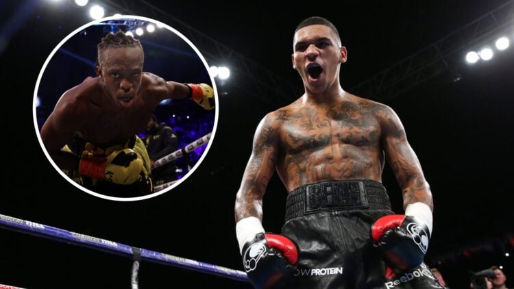 Conor Benn shouts in the ring after a win with inset of KSI bowing after win over Joe Fournier