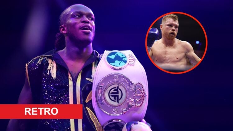 Left: KSI in the ring before his fight with Joe Fournier at X Series 007 MF in May, 2023. Insert: Canelo Alvarez in the ring during his undisputed ...