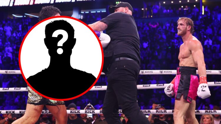 Logan Paul watches Dillon Danis fight with the referee with inset of mystery silhouette