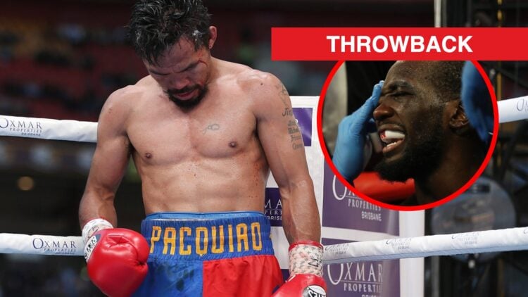 Manny Pacquiao hangs his head with inset of Crawford in his corner during a fight