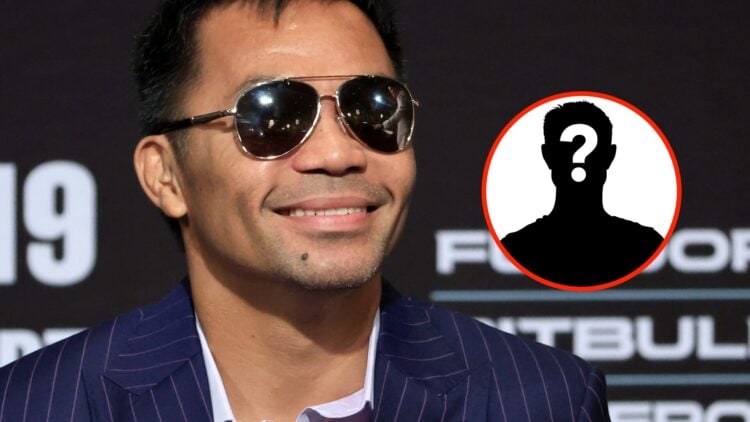 Center: Manny Pacquiao at a pre-fight press conference for his WBC welterweight title fight with Mario Barrios. Insert: Mystery Fighter