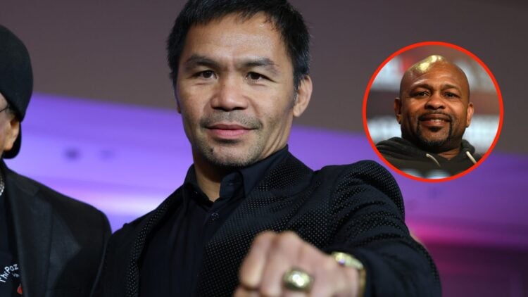 Center: Manny Pacquiao attends a Hall of Fame ceremony in June, 2025. Insert: Roy Jones Jr. attends a pre-fight press conference
