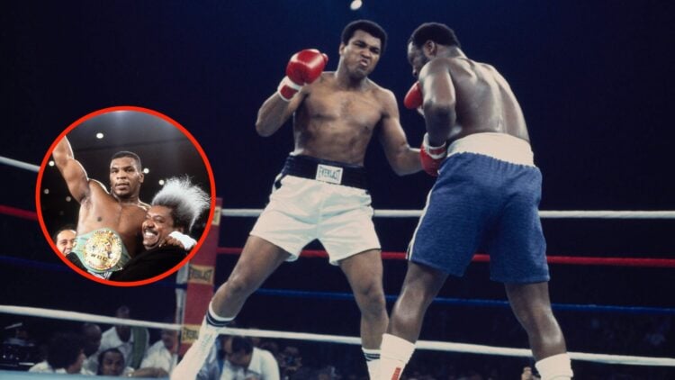 Mike Tyson celebrates with Don King after becoming the youngest Heavyweight champion in history and Muhammad Ali hits Joe Frazier with a left hand