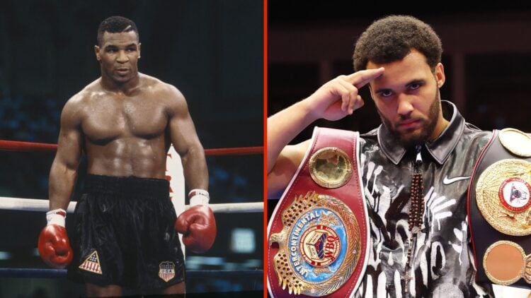 Split image of Mike Tyson in the ring with Moses Itauma saluting in ring with belts around his shoulders