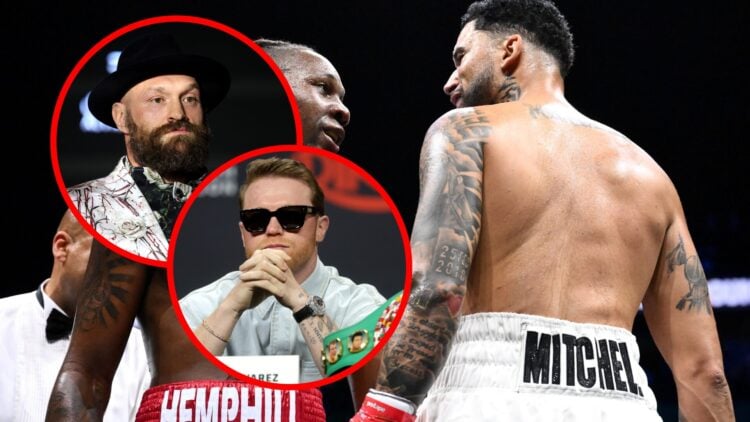 Ty Mitchell speaks to Sean Hemphill after their fight with inset of Tyson Fury with a beard and hat and Canelo wearing shades at a press conference