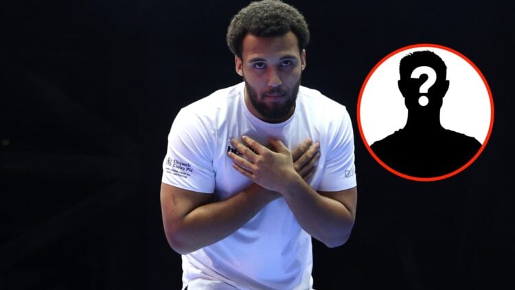 Center: Moses Itauma attends the open workouts ahead of his fight with Dillian Whyte in Riyadh, Saudi Arabia. Insert: Mystery Fighter