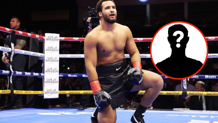 Center: Moses Itauma celebrates in the ring after his knockout win over Dillian Whyte in Riyadh, Saudi Arabia Insert: Mystery Fighter