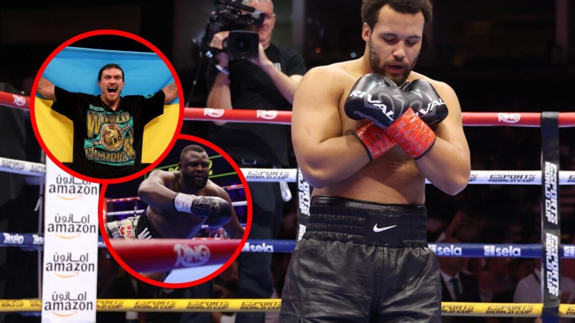 Moses Itauma on his knees following his win over Dillian Whyte with inset of Martin Bakole after loss to Joseph Parker and Oleksandr Usyk waving th...