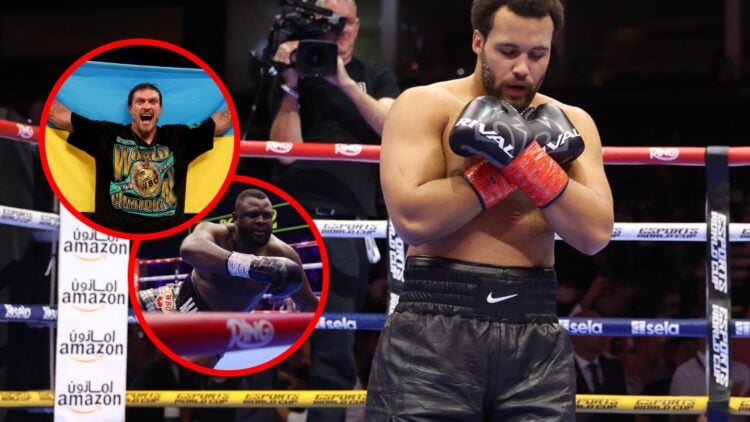 Moses Itauma on his knees following his win over Dillian Whyte with inset of Martin Bakole after loss to Joseph Parker and Oleksandr Usyk waving th...