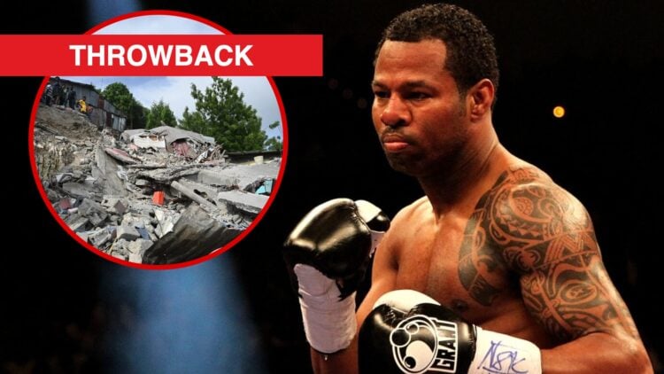 Shane Mosley stands in the ring with inset of rubble from the Haiti earthquake