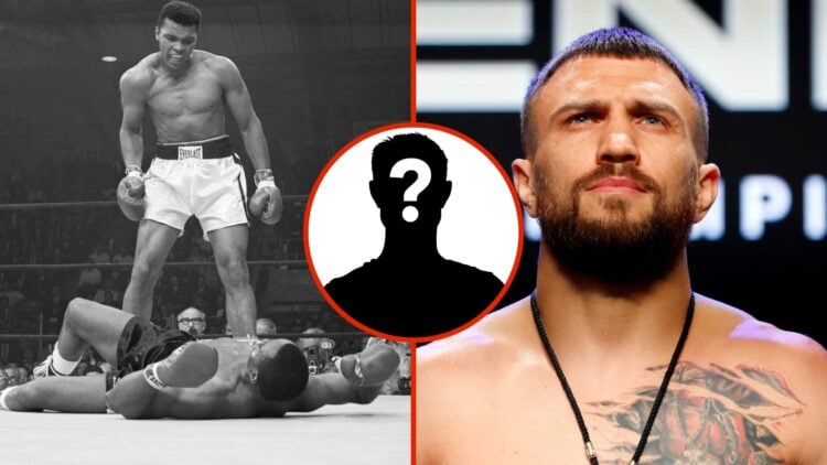 Split image of Muhammad Ali standing over Sonny Liston and Vasiliy Lomachenko at weigh in with inset of mystery figure.