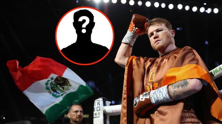 Insert: Mystery Fighter. Right: Canelo Alvarez enters the ring for his super middleweight title fight with Edgar Berlanga in September, 2024