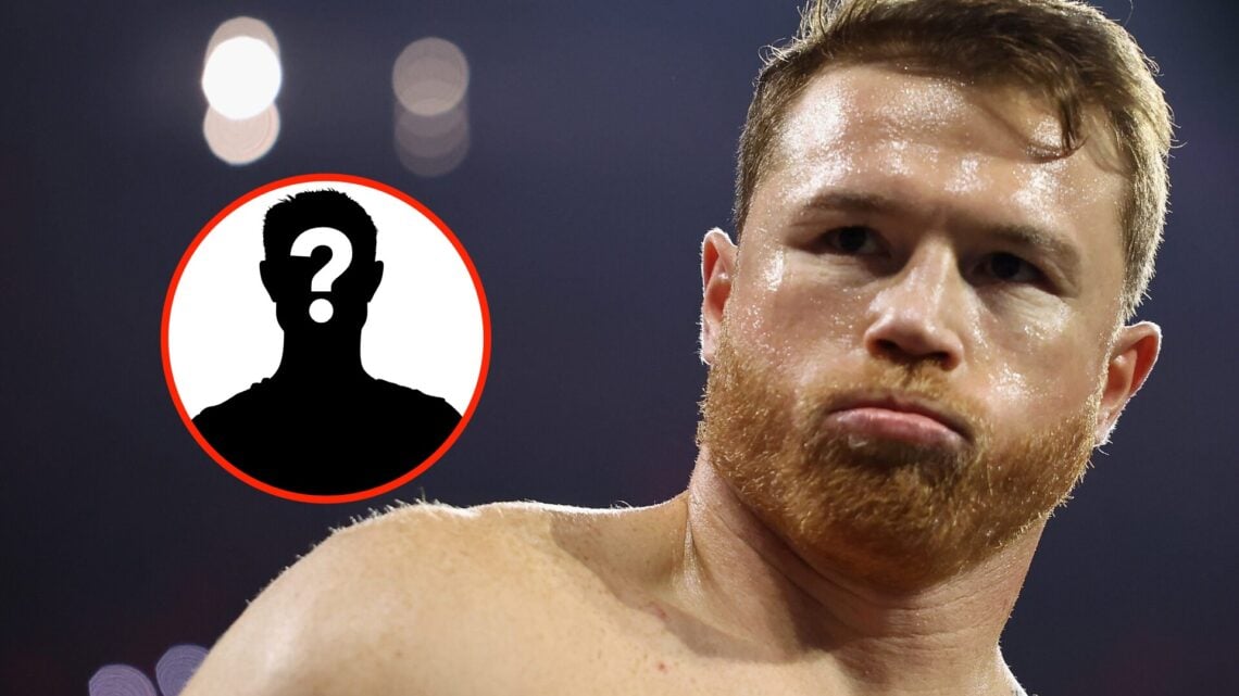 Insert: Mystery Fighter. Right: Canelo Alvarez looks into the camera during a fight