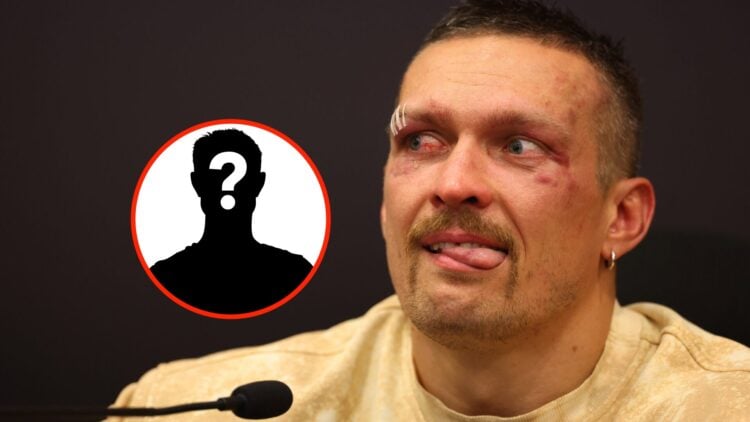 Insert: Mystery Fighter. Right: Oleksandr Usyk attend a post-fight press conference in Riyadh, Saudi Arabia