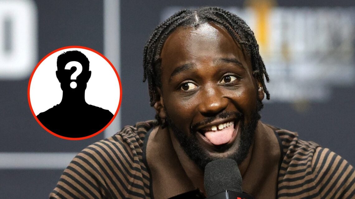 Insert: Mystery Fighter Center: Terence Crawford makes a face during his pre-fight press conference for his fight with Canelo Alvarez in June, 2025