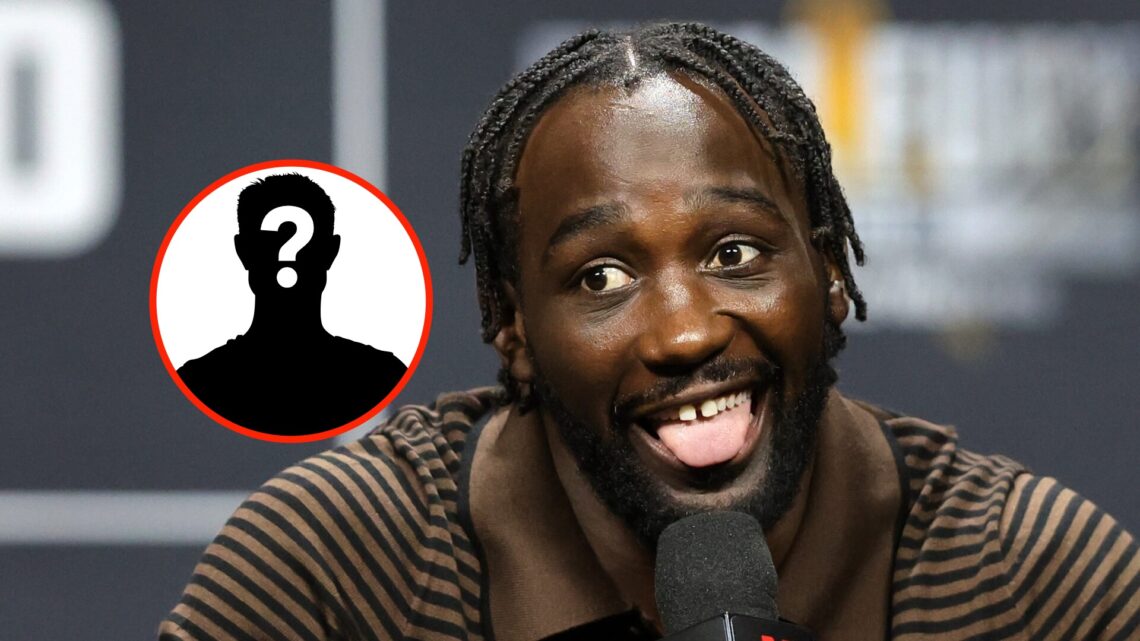 Insert: Mystery Fighter. Center: Terence Crawford sticks his tongue out during a pre-fight press conference for his fight with Canelo Alvarez.