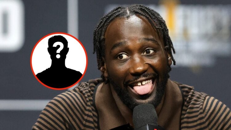 Insert: Mystery Fighter. Center: Terence Crawford sticks his tongue out during a pre-fight press conference for his fight with Canelo Alvarez.