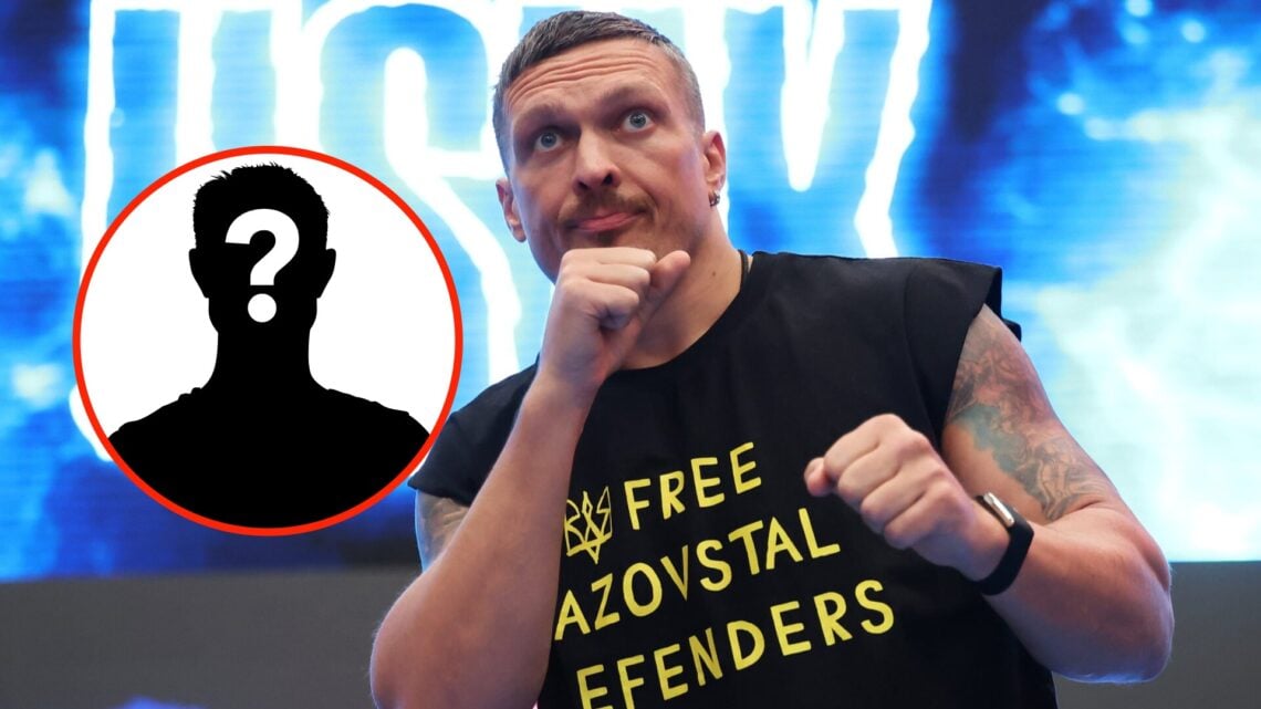 Insert: Mystery Figure Center: Oleksandr Usyk trains during the media workouts ahead of his undisputed heavyweight title fight with Daniel Dubois i...