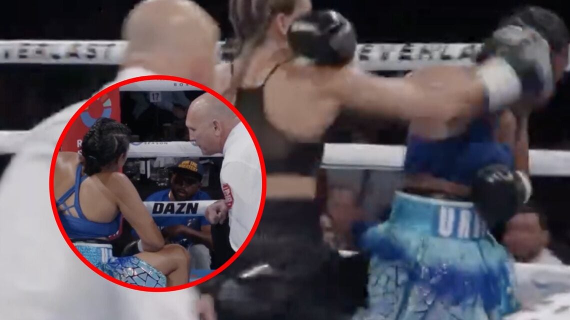 Skye Nicolson lands a right hand on the face of Urvashi Singh who turned her back in the corner