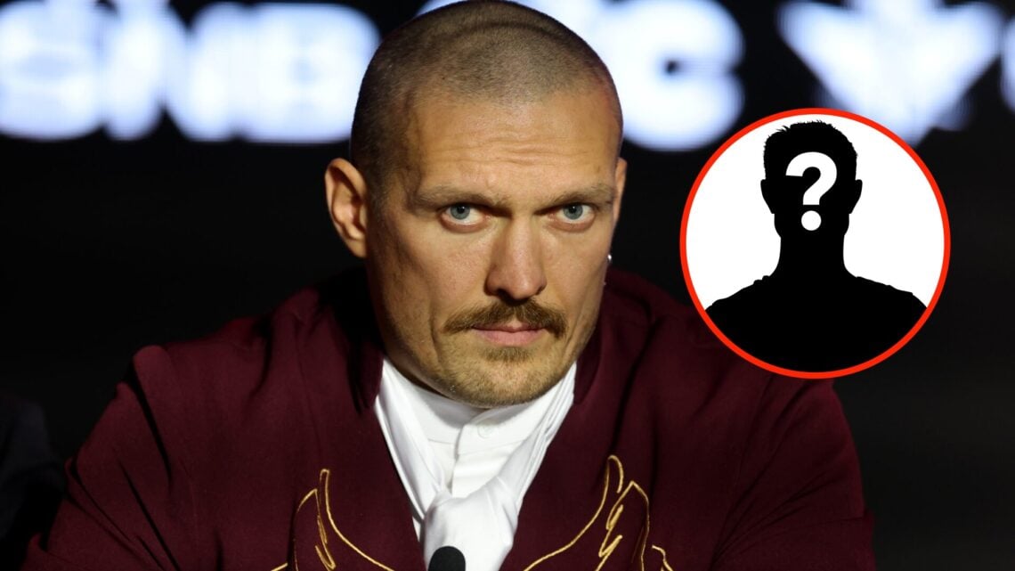Center: Oleksandr Usyk attends a pre-fight press conference ahead of his undisputed heavyweight title fight with Tyson Fury. Insert: Mystery Fighter