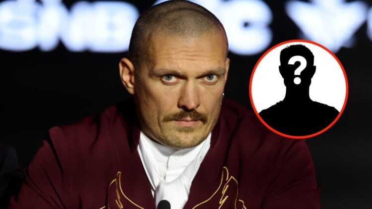 Center: Oleksandr Usyk attends a pre-fight press conference ahead of his undisputed heavyweight title fight with Tyson Fury. Insert: Mystery Fighter