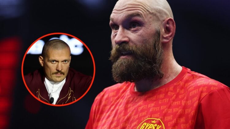 Insert: Oleksandr Usyk attends a pre-fight press conference ahead of his fight with Tyson Fury in December, 2024. Center: Tyson Fury looking unhapp...