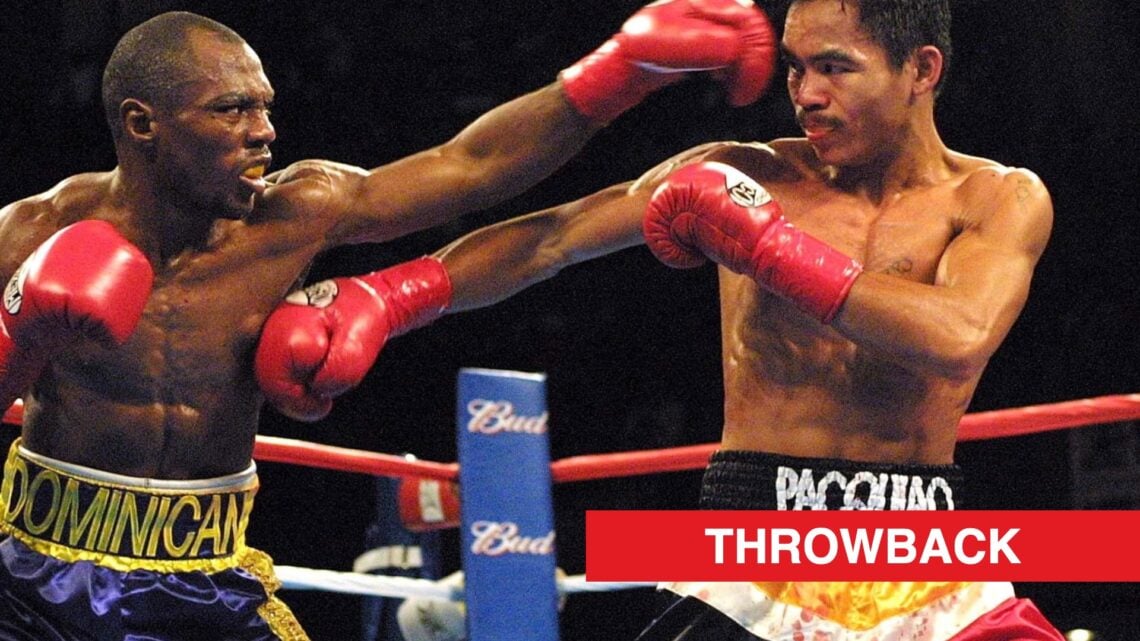 Manny Pacquiao and Agapito Sanchez throwing punches at eachother