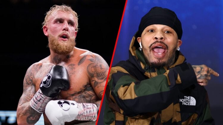 Jake Paul in the ring vs Mike Perry split with Gervonta Davis at a press conference