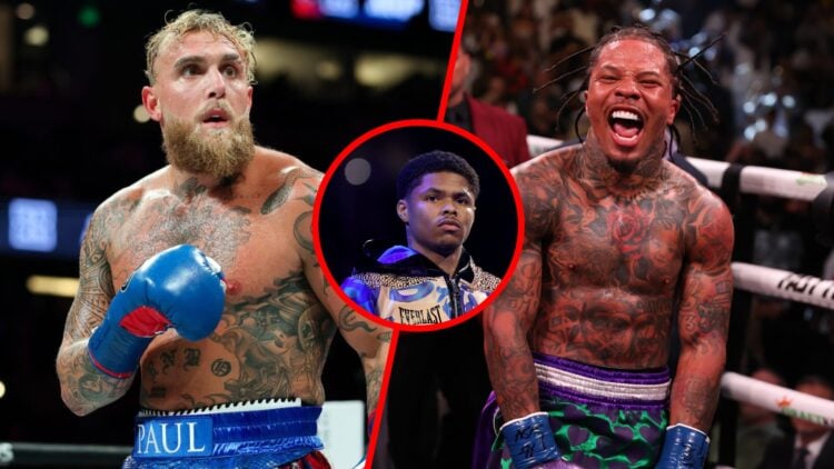 Jake Paul in the ring against chavez split with Gervonta Davsi celebrating his win over Ryan Garcia with inset of Shakur Stevenson looking serious ...