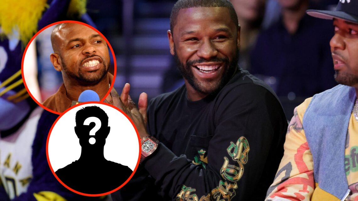 Insert: Roy Jones Jr. speaks during the broadcast during a fight between Floyd Mayweather and Philip N'dou. Insert: Mystery Fighter. Right: Floyd M...